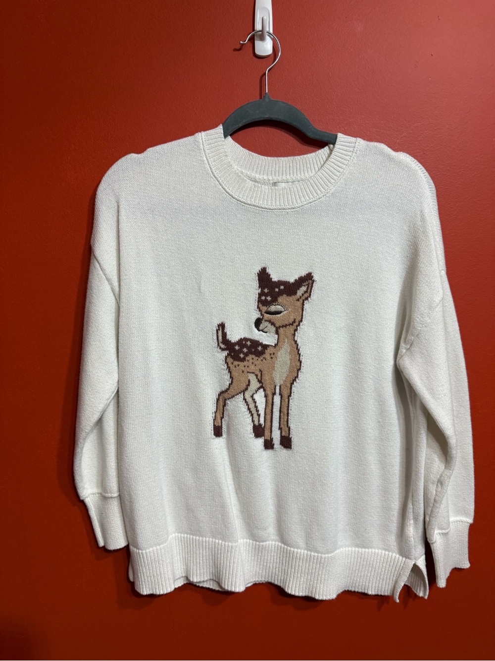 Sincerly Jules Cream Crewneck Sweater with Brown Deer Intarsia